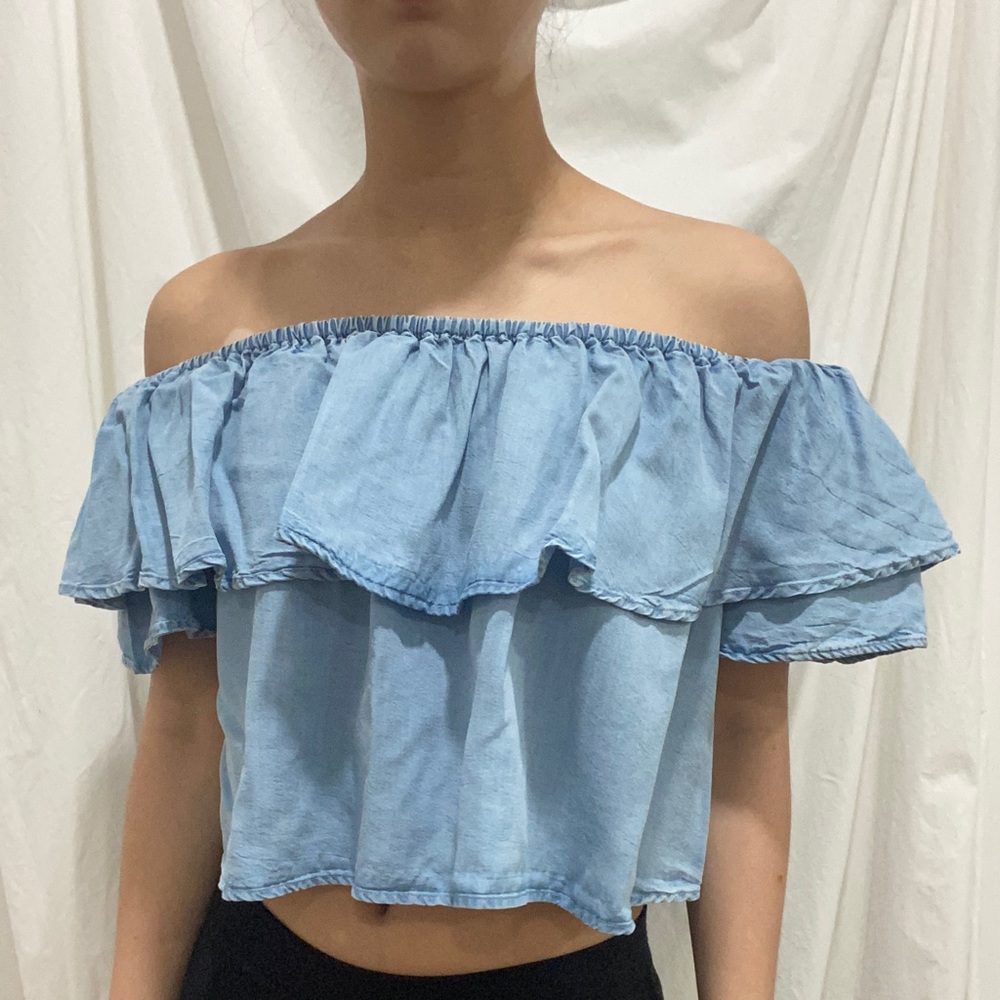 Light blue Zara off the shoulder ruffle top